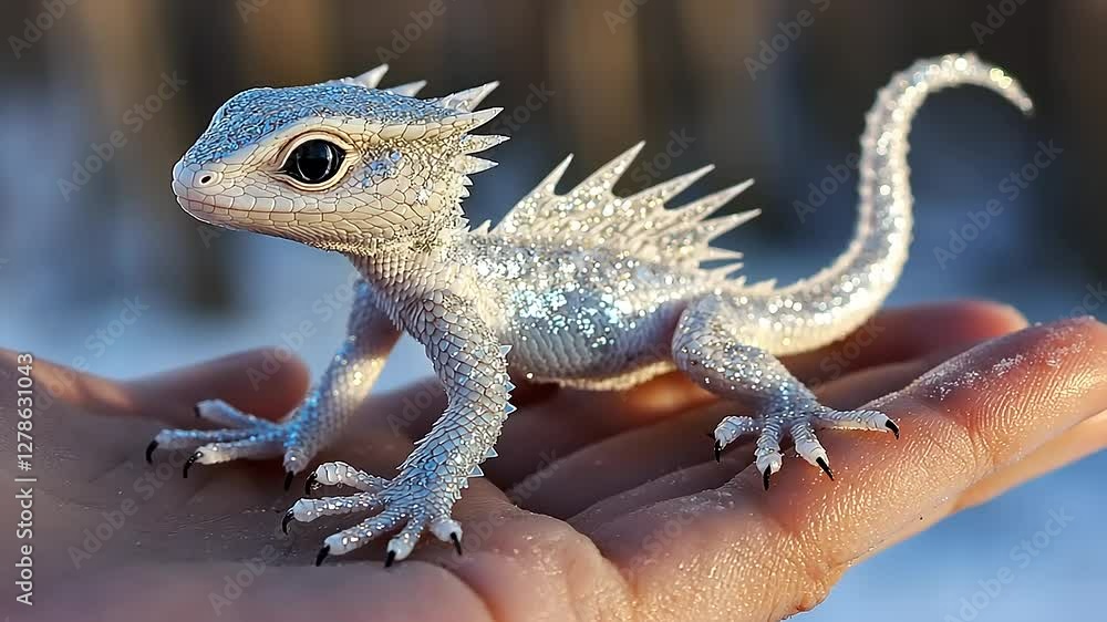 A sparkling, fantasy-inspired lizard resting on a hand, showcasing intricate details. A sparkling, fantasy-inspired lizard resting on a hand, showcasing intricate details.