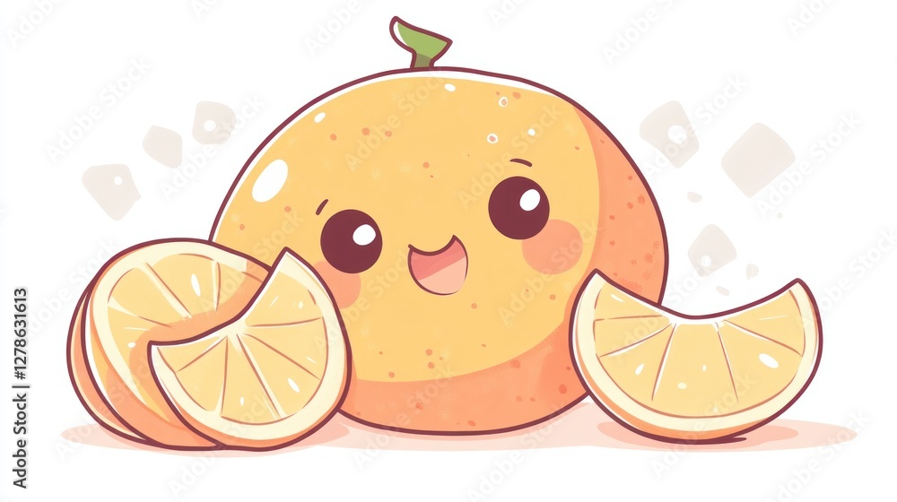 Cheerful orange with slices smiles, standing happily in a bright, clean setting Cheerful orange with slices smiles, standing happily in a bright, clean setting