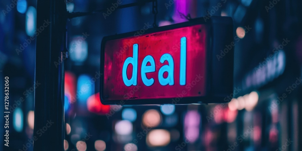 A Brightly Illuminated Neon Sign Displaying the Word 'Deal' in an Urban Nighttime Setting with Blurred City Lights in the Background A Brightly Illuminated Neon Sign Displaying the Word 'Deal' in an Urban Nighttime Setting with Blurred City Lights in the Background