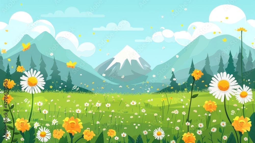 Fototapeta premium Serene Mountain Meadow: A Springtime Landscape