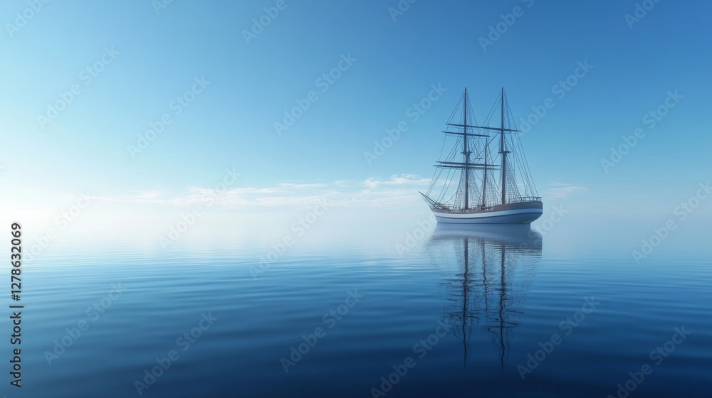 Fototapeta premium A serene photo of a large ship anchored in the middle of a calm, tranquil sea, with clear blue skies and reflections of the vessel shimmering on the waters surface.