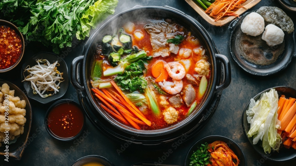 A steaming hot pot filled with vibrant vegetables, seafood, and meat, placed on a table surrounded by dipping sauces, fresh herbs, and chopsticks. A steaming hot pot filled with vibrant vegetables, seafood, and meat, placed on a table surrounded by dipping sauces, fresh herbs, and chopsticks.