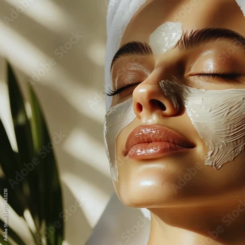 portrait of young beautiful woman wearing a face mask and calmly warming her face in the sunlight; white towel on model's head