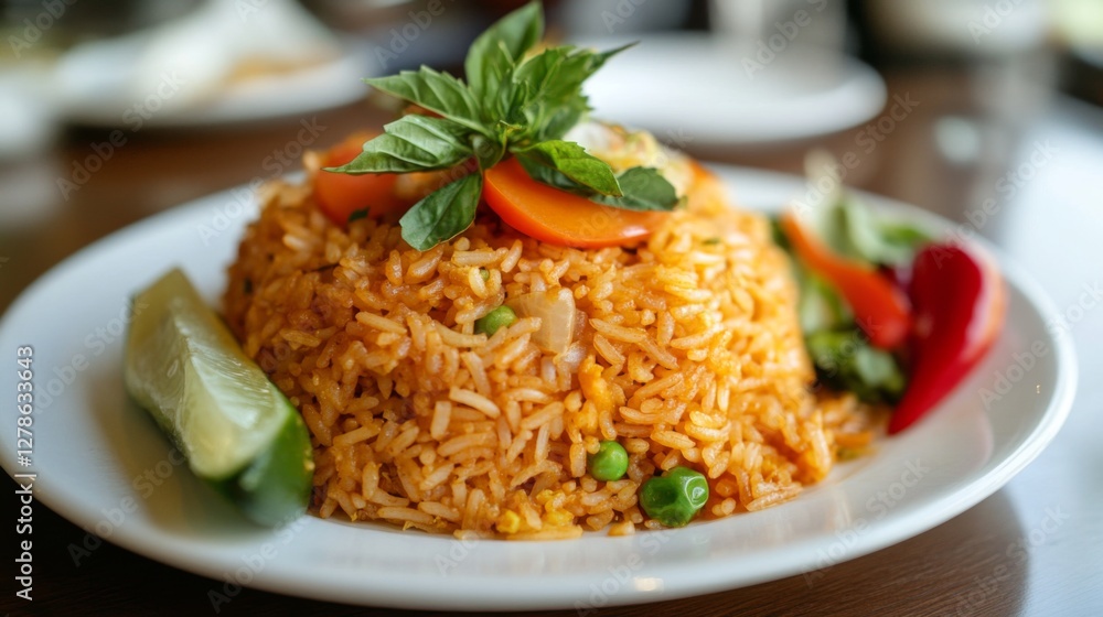A vibrant plate of curry fried rice garnished with fresh herbs and vegetables, with a focus on the golden color and rich texture of the dish. A vibrant plate of curry fried rice garnished with fresh herbs and vegetables, with a focus on the golden color and rich texture of the dish.