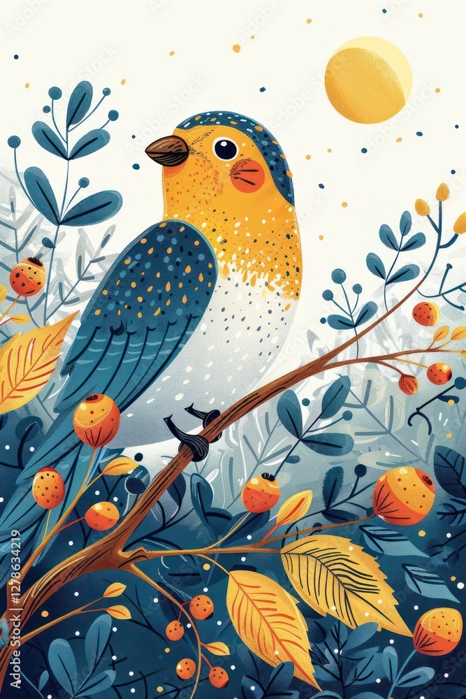 A colorful illustration of a bird perched on a branch surrounded by foliage and fruit. A colorful illustration of a bird perched on a branch surrounded by foliage and fruit.