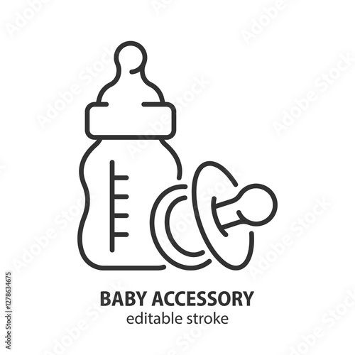 Baby accessories line icon. Baby feeding bottle and nipple symbol. Editable stroke. Vector illustration.