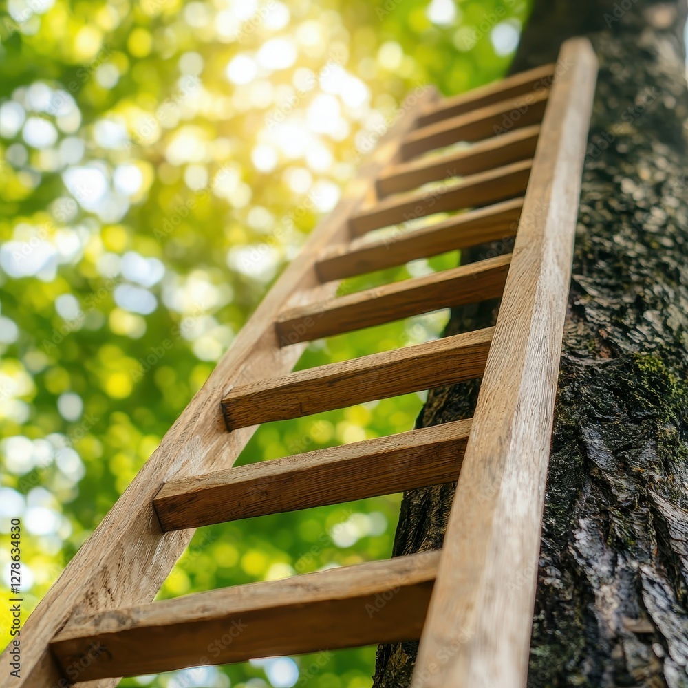 Wooden Ladder Leaning Against Tree in Sunny Green Forest Nature Growth Success Wooden Ladder Leaning Against Tree in Sunny Green Forest Nature Growth Success