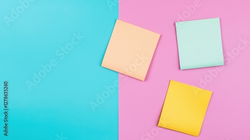 Colorful Pastel Notepads on Pink and Blue Background Blank Sticky Notes Office Supplies Minimalist