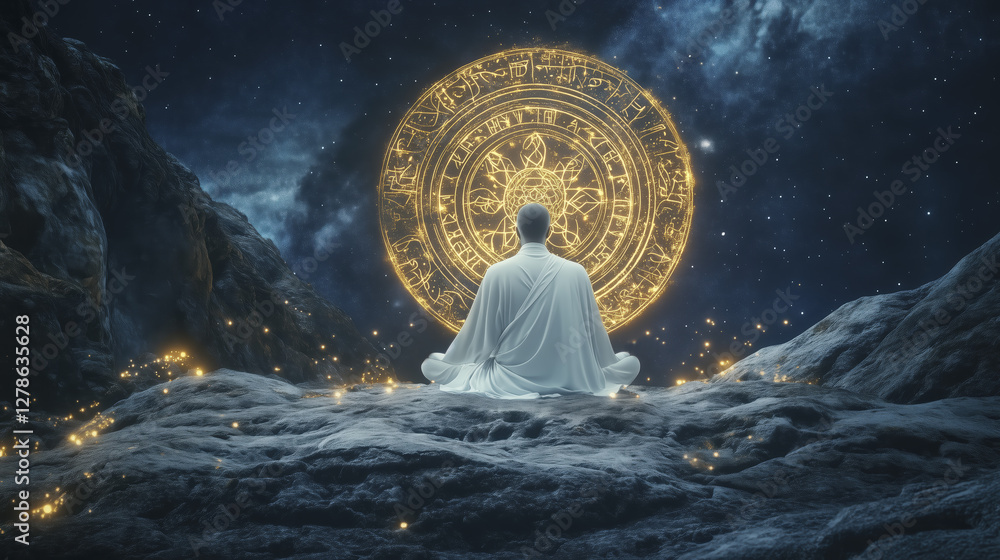 A man meditating under a blue sky with a glowing circle of light. Mystical background A man meditating under a blue sky with a glowing circle of light. Mystical background