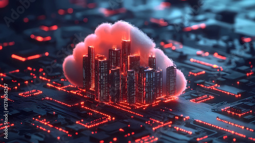 Futuristic City on Circuit Board with Glowing Cloud