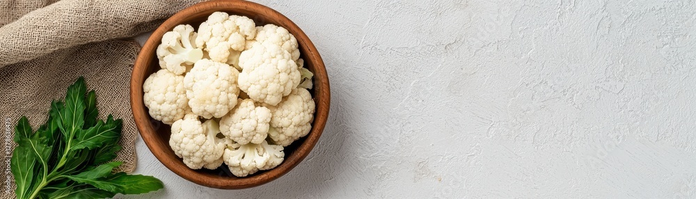 Fresh Cauliflower in Rustic Bowl on Textured Surface with Green Leaf and Natural Fabric Background Fresh Cauliflower in Rustic Bowl on Textured Surface with Green Leaf and Natural Fabric Background