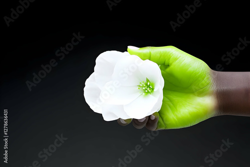 Green Hand Holding White Fl...