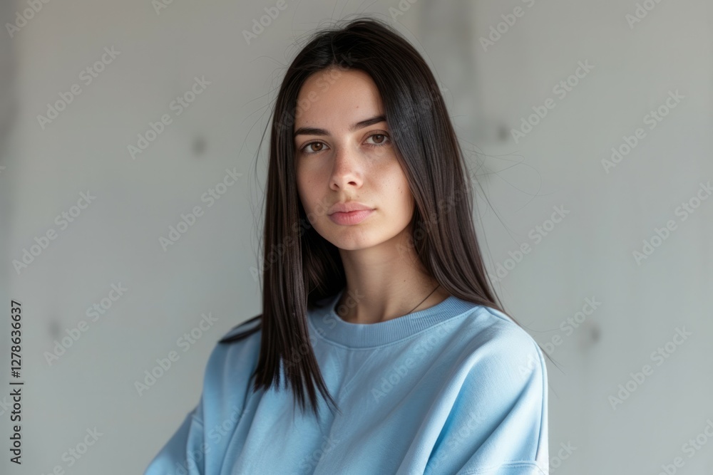 Pretty joyful female with fair hair, dressed casually in blue clothes matching with color of her eyes. Neural network ai generated Pretty joyful female with fair hair, dressed casually in blue clothes matching with color of her eyes. Neural network ai generated