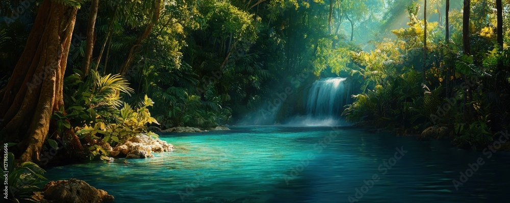 Lush Tropical Rainforest Waterfall and Pool Serene Nature Scene Lush Tropical Rainforest Waterfall and Pool Serene Nature Scene