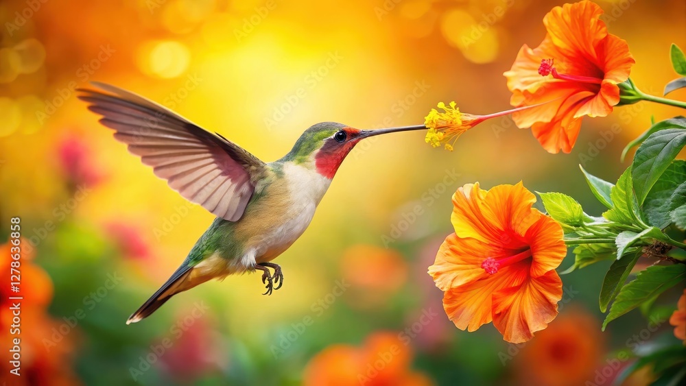 Fototapeta premium Hummingbird sips nectar from a bright orange hibiscus flower against a vibrant floral background, tropical flowers, garden flowers