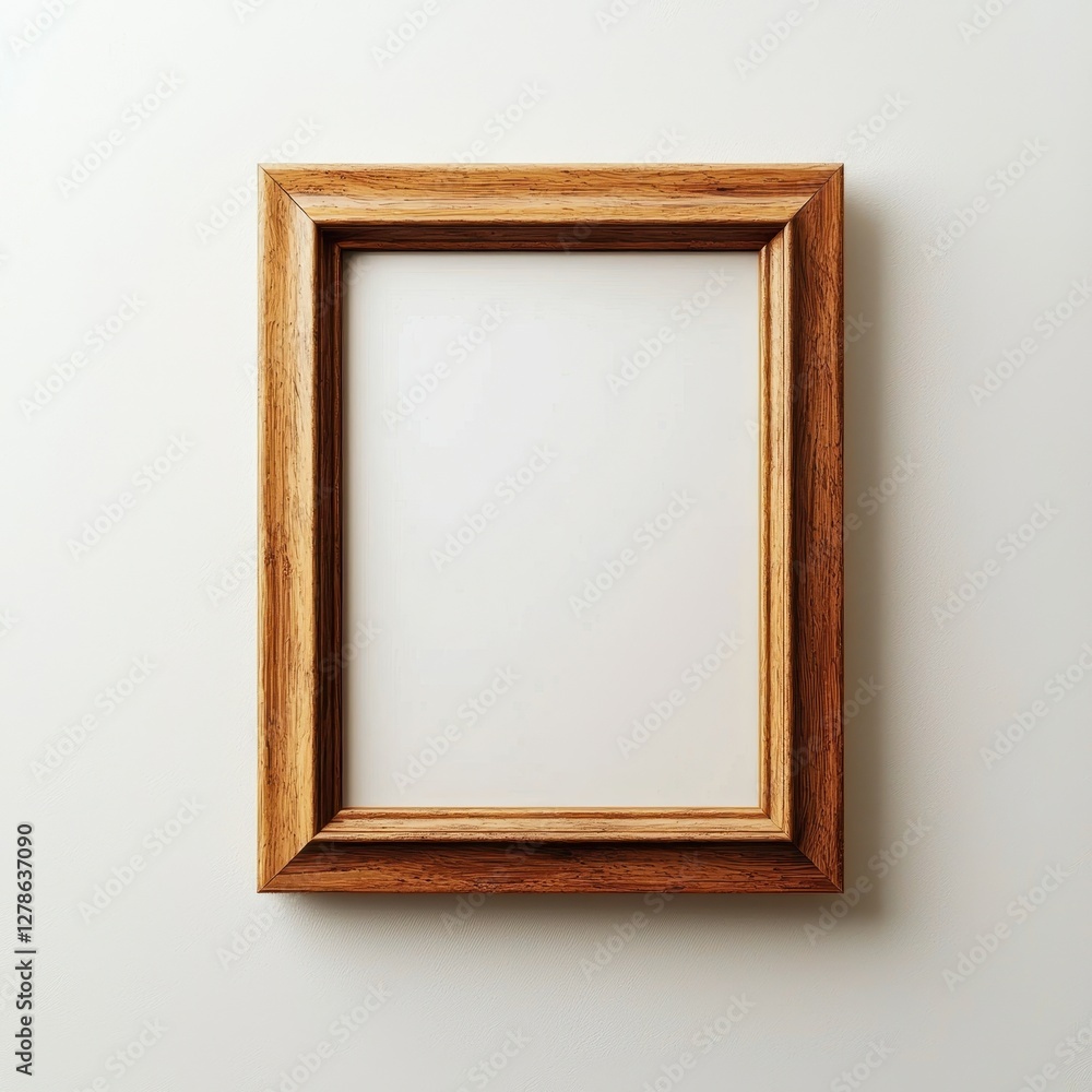 Elegant Empty Wooden Picture Frame on White Wall Mockup for Art Design or Photography Elegant Empty Wooden Picture Frame on White Wall Mockup for Art Design or Photography