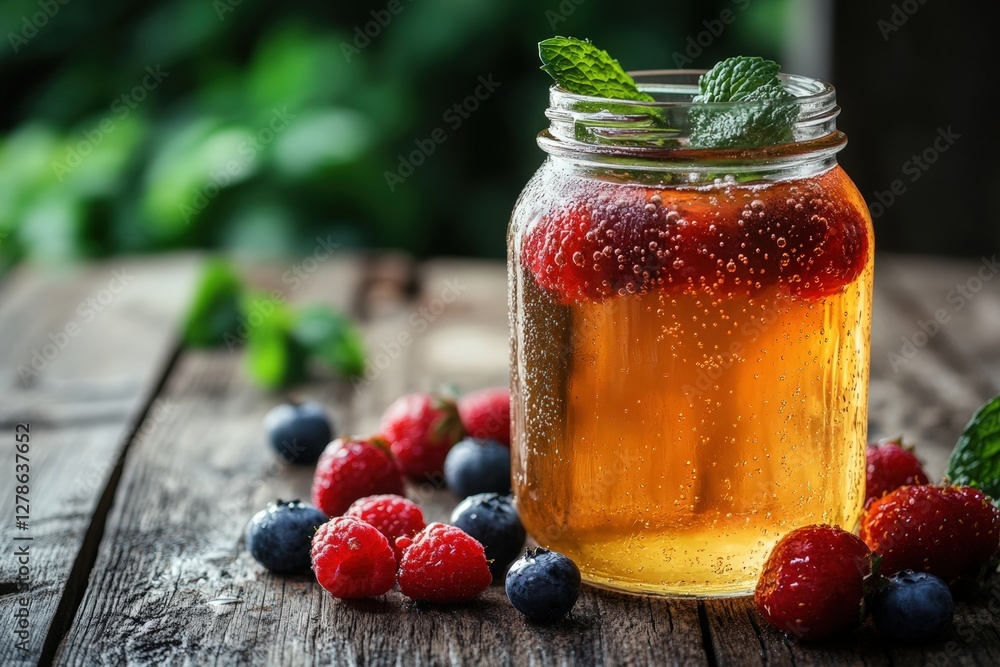Refreshing summer drink: glass jar of berry-infused kombucha on rustic wooden table Refreshing summer drink: glass jar of berry-infused kombucha on rustic wooden table
