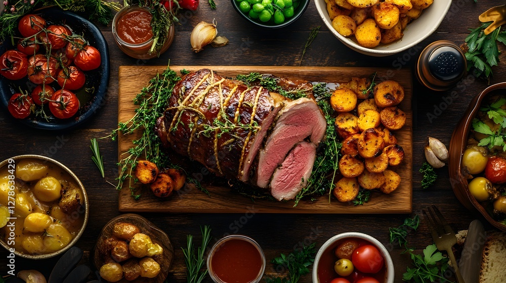 Fototapeta premium Roasted Meat Platter Surrounded by Fresh Vegetables and Sides