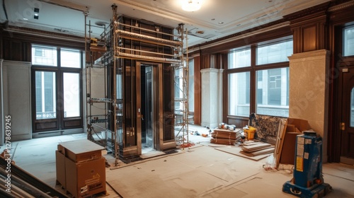 A skyscraper undergoing interior renovation with luxury office spaces and upgraded elevators