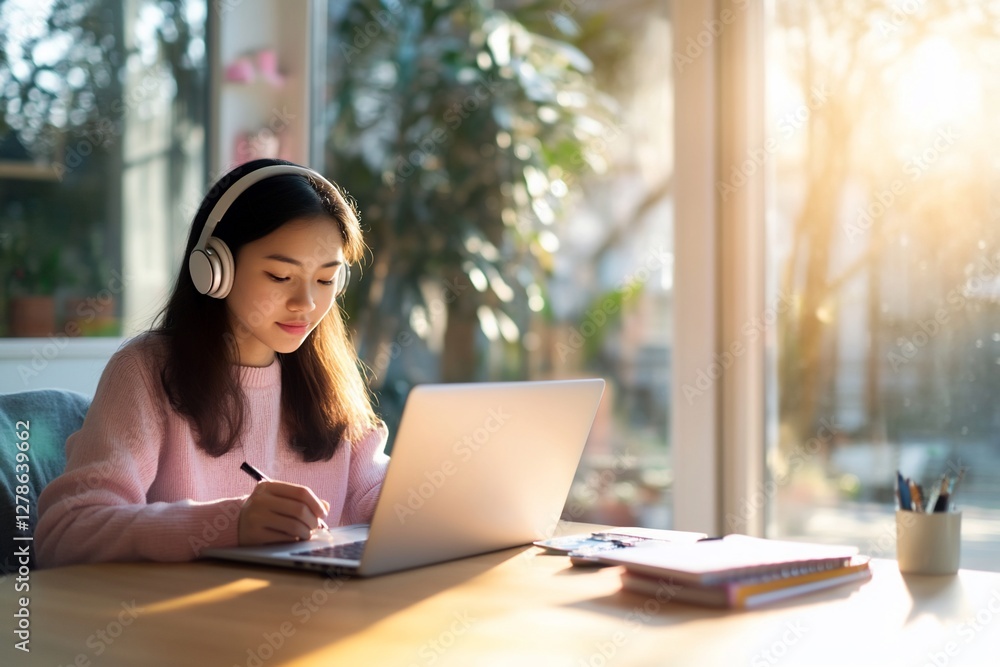 Teen girl online studies home sunlight Teen girl online studies home sunlight
