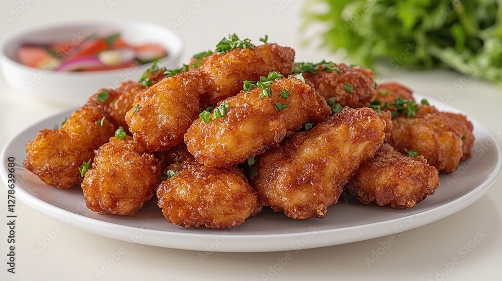 Crispy potato appetizers, garnished, table setting, side salad Crispy potato appetizers, garnished, table setting, side salad