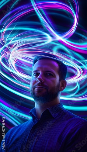 Portrait of a man surrounded by swirling neon light trails