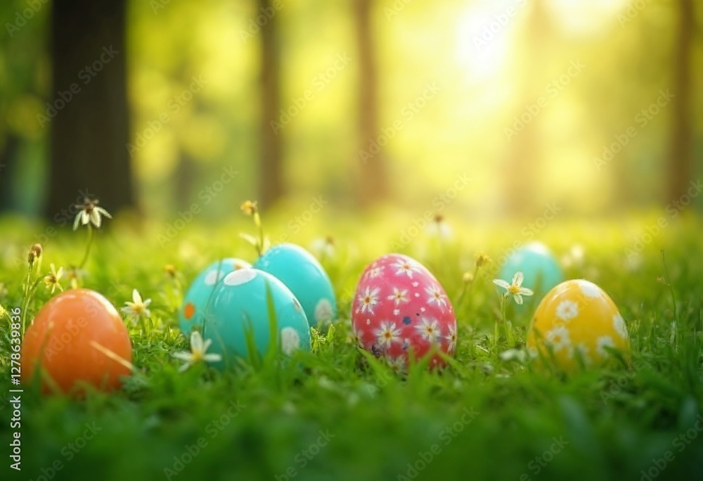 Colorful Easter eggs placed on vibrant green grass with flowers in a sunny forest Colorful Easter eggs placed on vibrant green grass with flowers in a sunny forest