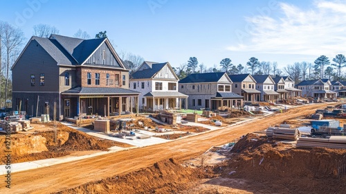 A suburban neighborhood being developed with rows of houses in different stages of construction