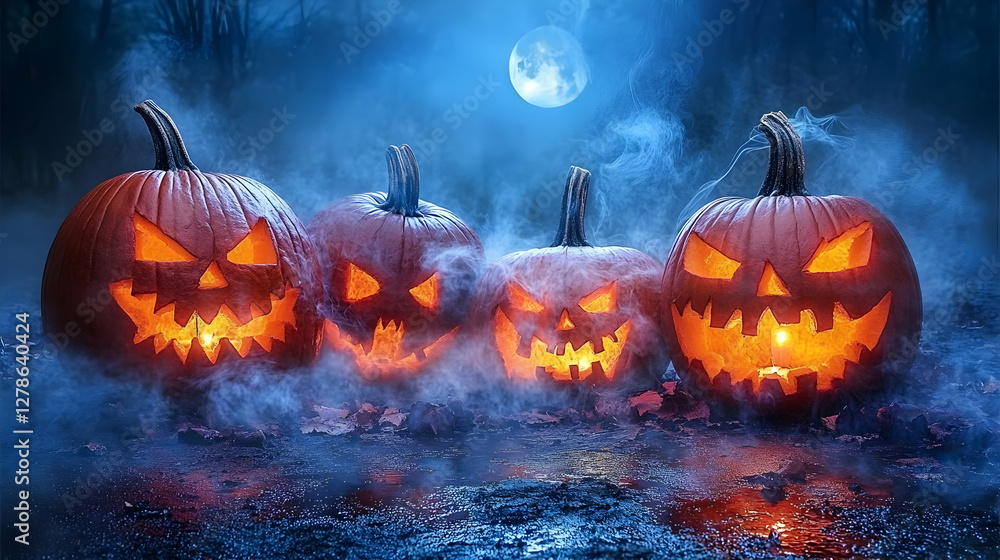Fototapeta premium Spooky Halloween Jack-o'-Lanterns Background