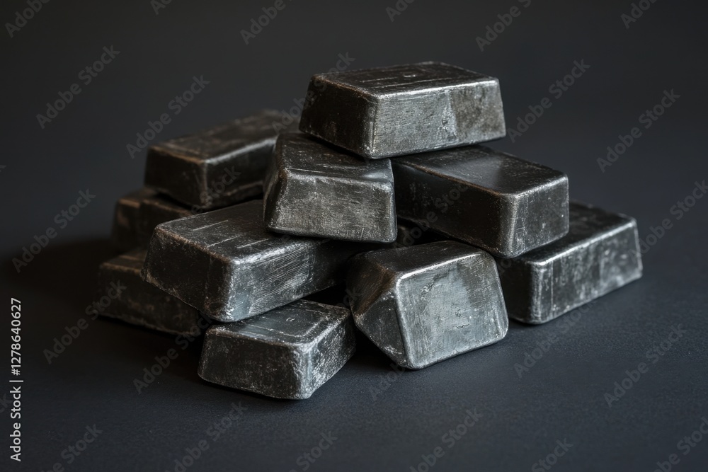 A pile of shiny metallic gray ingots resting on dark surface A pile of shiny metallic gray ingots resting on dark surface