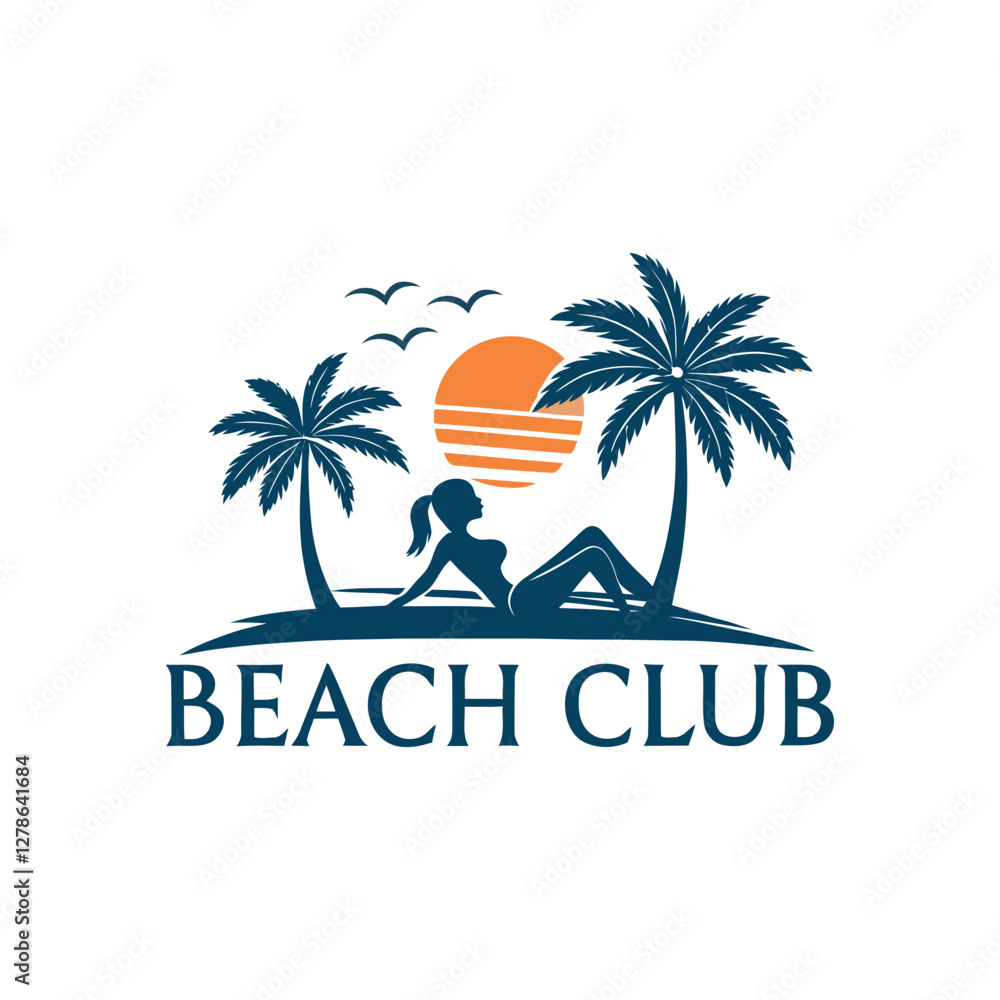 Naklejka premium sun beach club,summer silhouette logo vector line art logo design