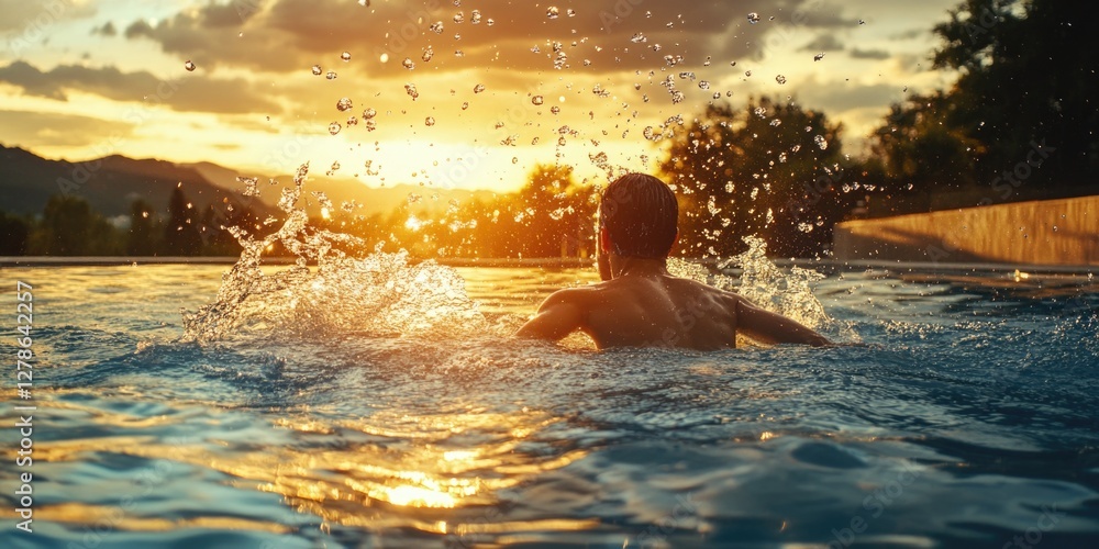 Swimmer in Pool at Sunset Swimmer in Pool at Sunset