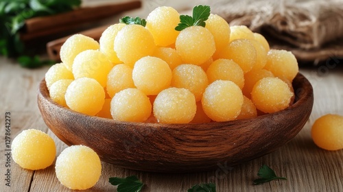 Wooden bowl of yellow candies, kitchen setting photo