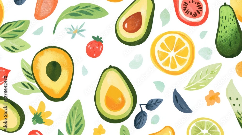 Pattern of various fruits and leaves displayed on a white background Pattern of various fruits and leaves displayed on a white background