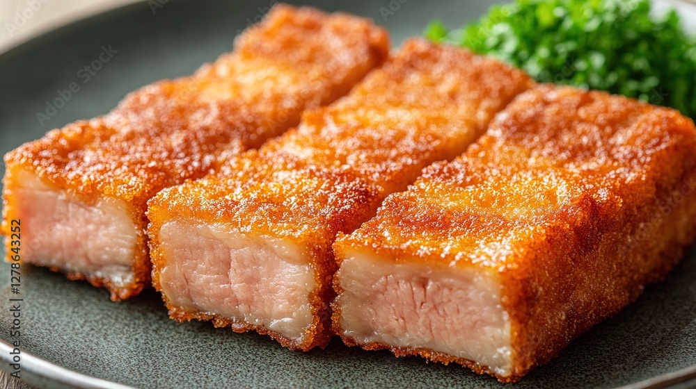 Crispy breaded pork cutlets, plated, close-up, garnished, restaurant Crispy breaded pork cutlets, plated, close-up, garnished, restaurant