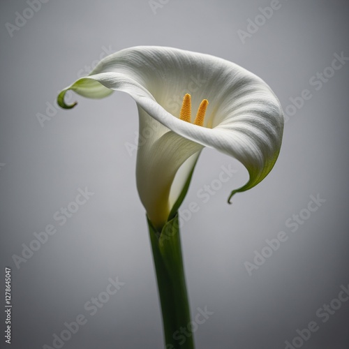 A single elegant white calla lily with its smooth petals curling into a perfect spiral, transparent background.