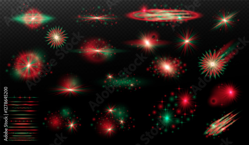 Light effect: isolated flare, tire explosion, dust line, sun flare, star spark, sunlight, vector set.