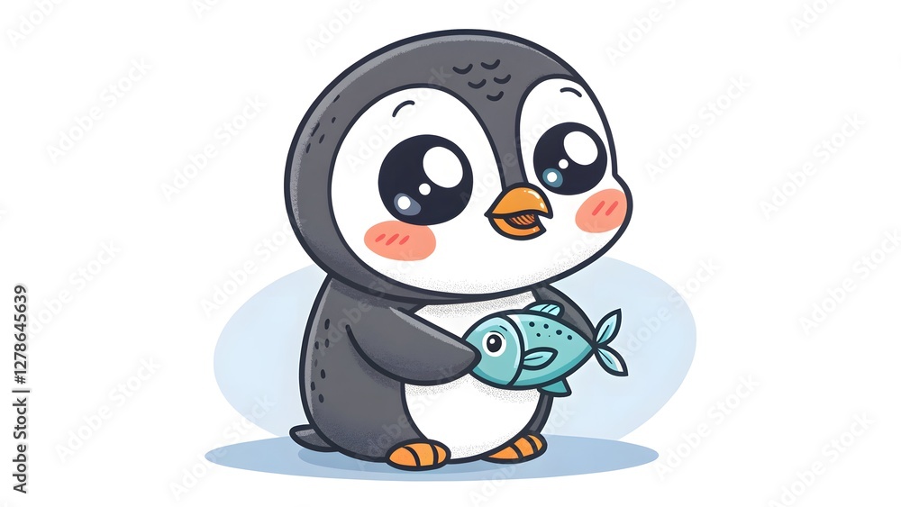 Obraz premium Baby penguin holding a tiny fish chibi style with