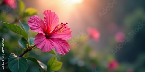 Pink hibiscus blooms in a misty morning atmosphere, flower, botanical