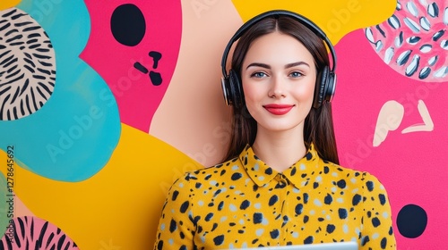 Smiling Woman in Yellow Animal Print Shirt with Headphones Against Vibrant Abstract Background