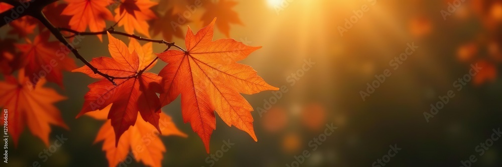 Fototapeta premium Orange colored maple leaves on a branch against a natural background, foliage, autumn foliage, leaf