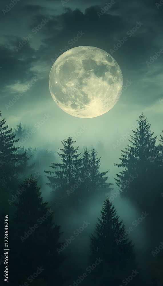Full moon shines over a mystical and foggy forest Full moon shines over a mystical and foggy forest