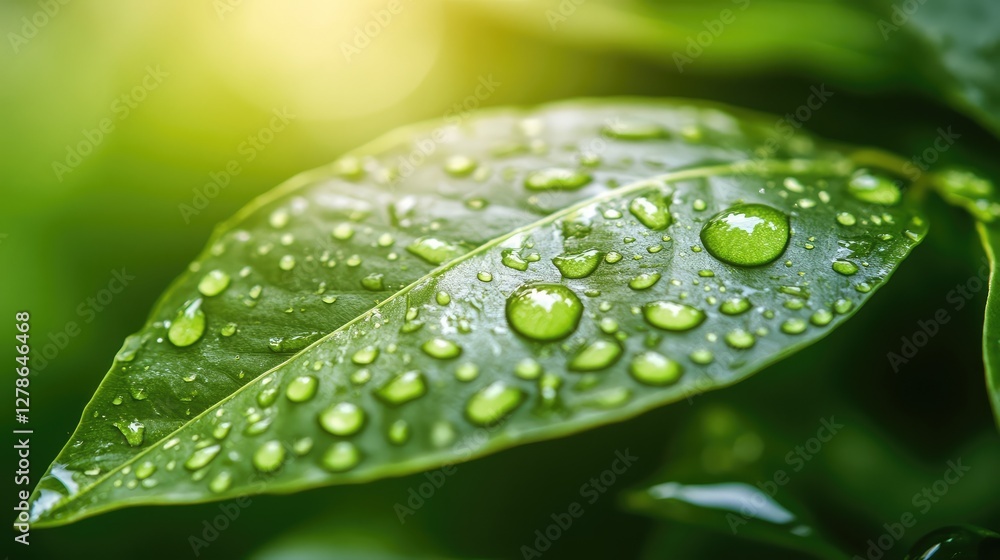 A fresh green leaf background with morning dew drops, offering a natural and peaceful ambiance with copy space. A fresh green leaf background with morning dew drops, offering a natural and peaceful ambiance with copy space.