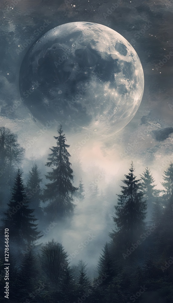 Naklejka premium Full moon illuminates a misty forest scene at night