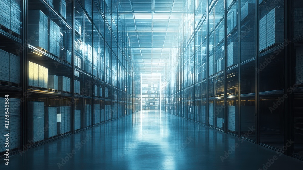 A modern, spacious warehouse interior with bright lighting and shelves filled with goods, creating a clean and organized atmosphere. A modern, spacious warehouse interior with bright lighting and shelves filled with goods, creating a clean and organized atmosphere.