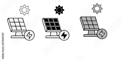 Icons in two colors about solar energy. Contains such icons as installation, efficiency, solar panel, renewable energy. Editable stroke