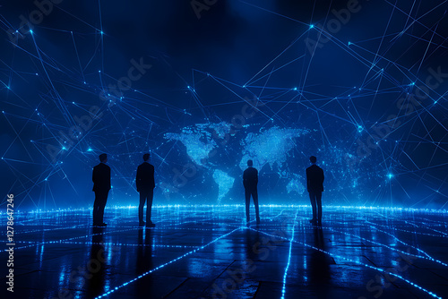 Wallpaper Mural World Network: A team of figures stand amidst a vibrant, glowing network map of the world, symbolizing global connectivity, technological advancement, and the ever-expanding digital landscape. Torontodigital.ca