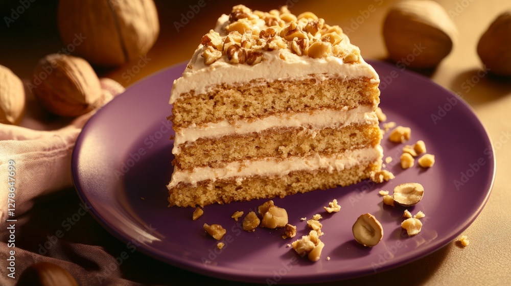 A Slice of Decadent Walnut Cake with Creamy Frosting A Slice of Decadent Walnut Cake with Creamy Frosting