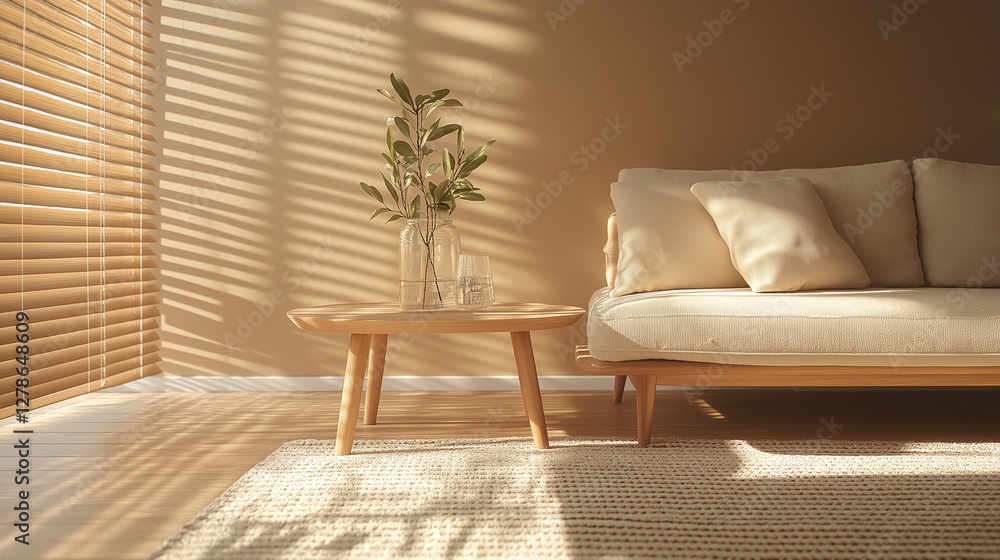 Cozy Scandinavian-style interior with warm brown accent wall, beige sofa, and wooden coffee table with glass vase and greenery. Soft sunlight creates an inviting atmosphere. Cozy Scandinavian-style interior with warm brown accent wall, beige sofa, and wooden coffee table with glass vase and greenery. Soft sunlight creates an inviting atmosphere.