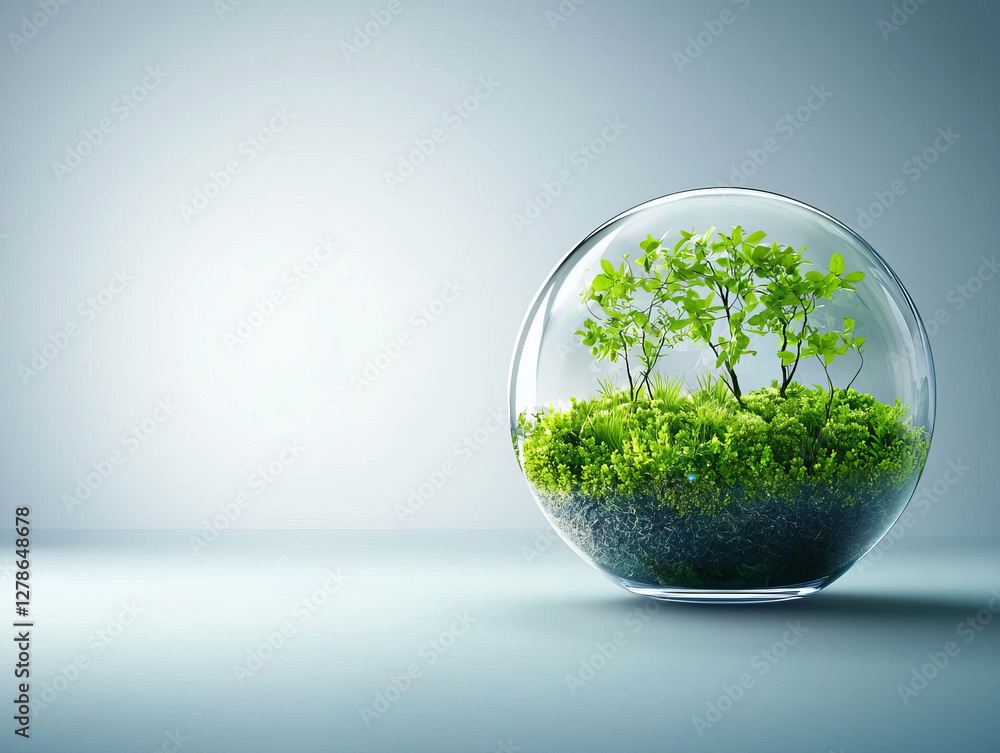glass globe containing lush green plants and moss, symbolizing nature beauty and sustainability glass globe containing lush green plants and moss, symbolizing nature beauty and sustainability